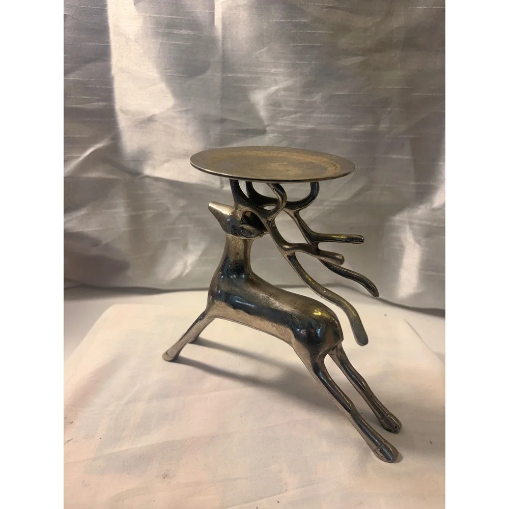 Vintage Silver Tone Metal Reindeer Stag Pillar Candle Holder 6.5 Inch Holiday